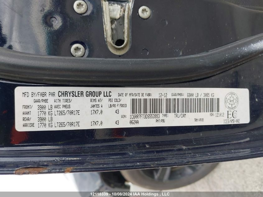 2013 Dodge Ram 1500 VIN: 1C6RR7FT3DS553993 Lot: 12118339