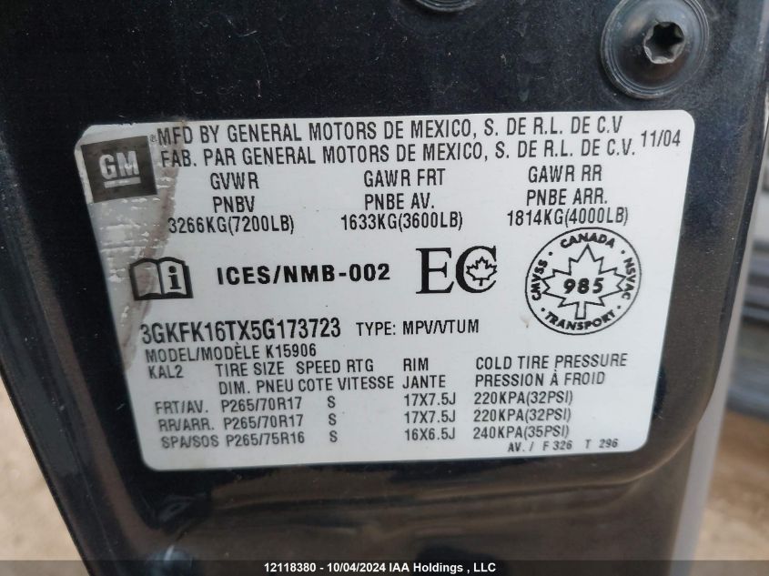 3GKFK16TX5G173723 2005 GMC Yukon Xl