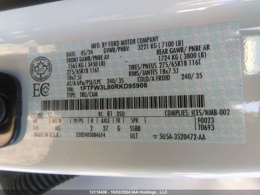 2024 Ford F150 Xlt VIN: 1FTFW3L80RKD95908 Lot: 12118438
