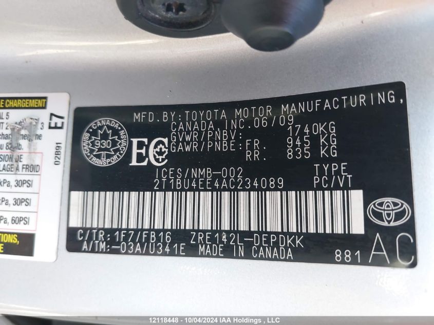 2010 Toyota Corolla S/Le/Xle VIN: 2T1BU4EE4AC234089 Lot: 12118448