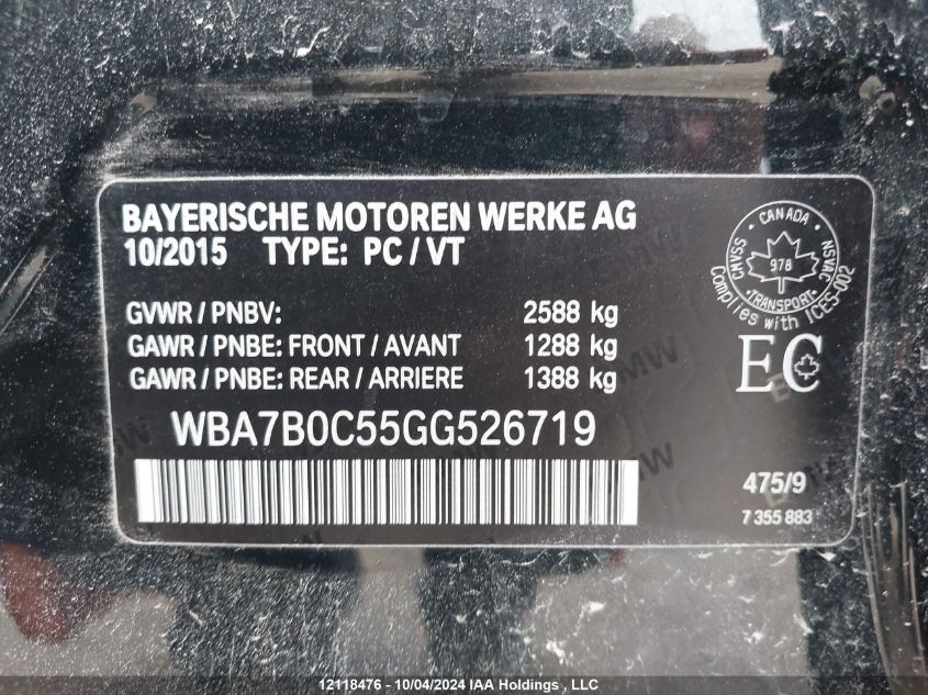 2016 BMW 7 Series VIN: WBA7B0C55GG526719 Lot: 12118476