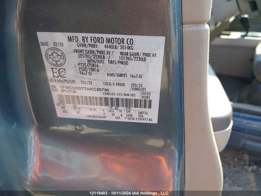 2010 Ford Escape Xlt VIN: 1FMCU0D77AKC26790 Lot: 12118483