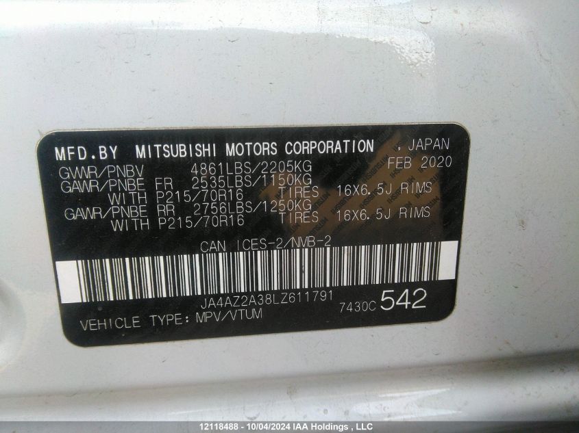 2020 Mitsubishi Outlander VIN: JA4AZ2A38LZ611791 Lot: 12118488