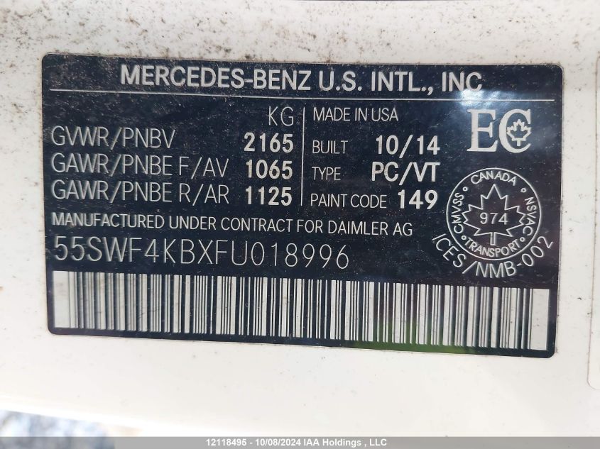 2015 Mercedes-Benz C 300 4Matic VIN: 55SWF4KBXFU018996 Lot: 12118495