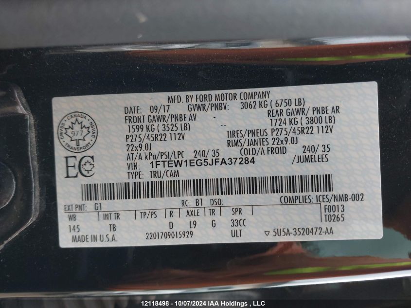 2018 Ford F-150 Limited VIN: 1FTEW1EG5JFA37284 Lot: 12118498