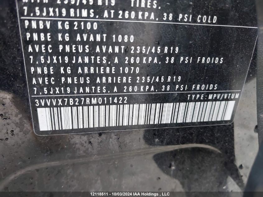 2024 Volkswagen Taos VIN: 3VVVX7B27RM011422 Lot: 12118511