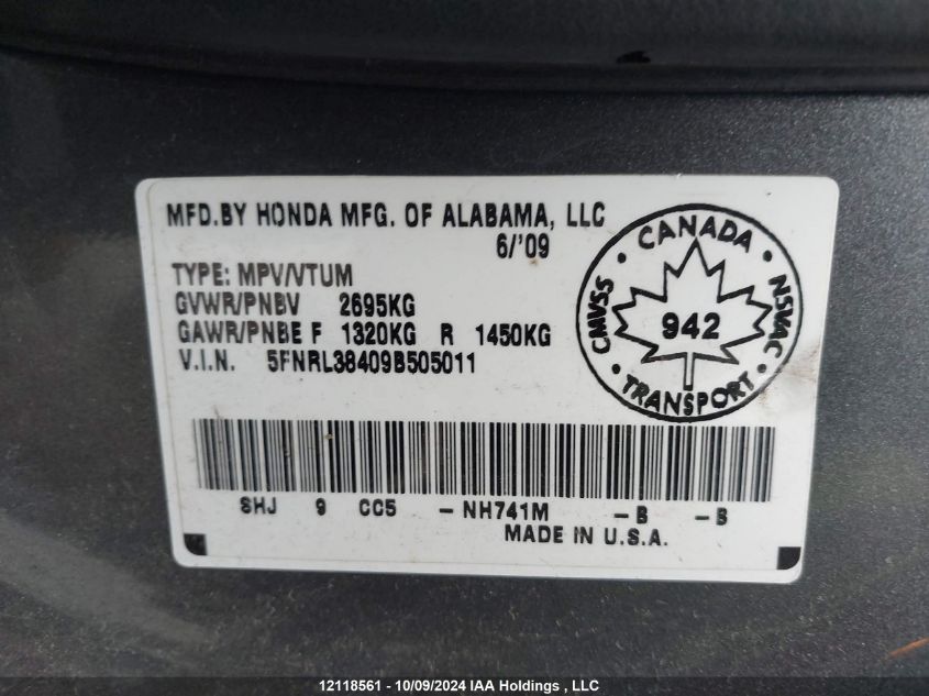 2009 Honda Odyssey Ex VIN: 5FNRL38409B505011 Lot: 12118561