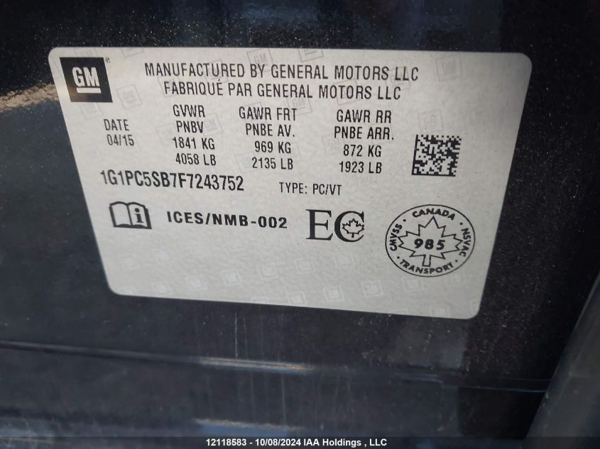 2015 Chevrolet Cruze VIN: 1G1PC5SB7F7243752 Lot: 12118583