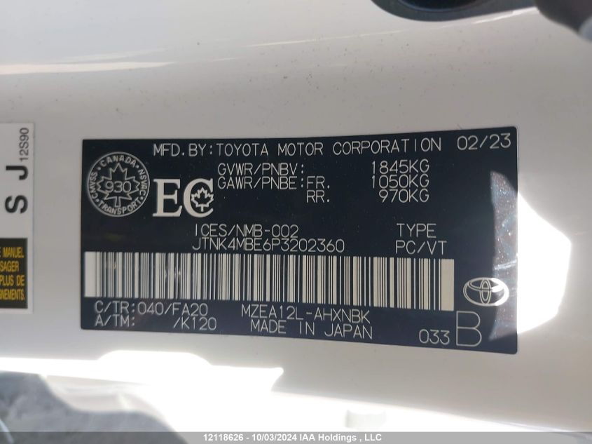 2023 Toyota Corolla Se VIN: JTNK4MBE6P3202360 Lot: 12118626