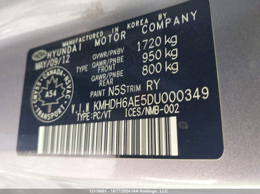 2013 Hyundai Elantra VIN: KMHDH6AE5DU000349 Lot: 12118651