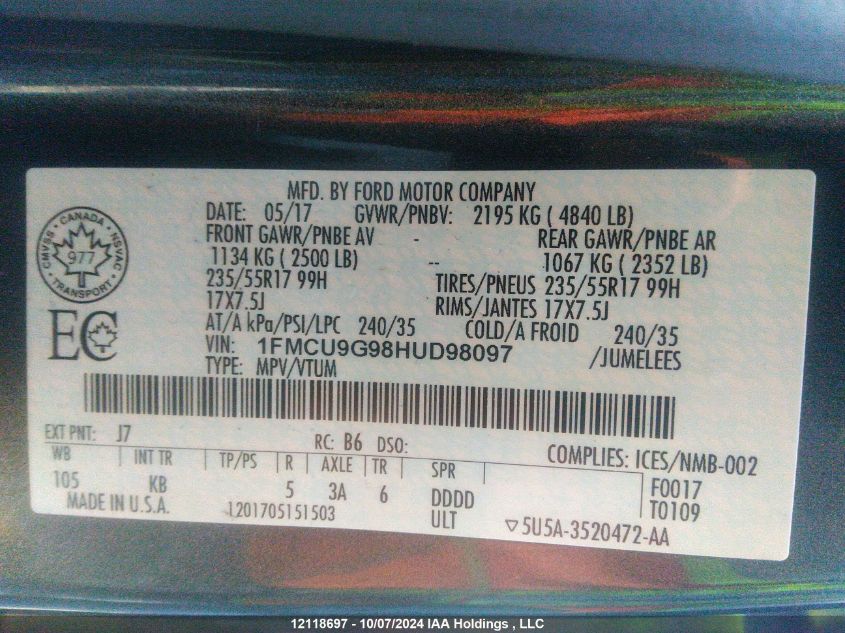 1FMCU9G98HUD98097 2017 Ford Escape Se