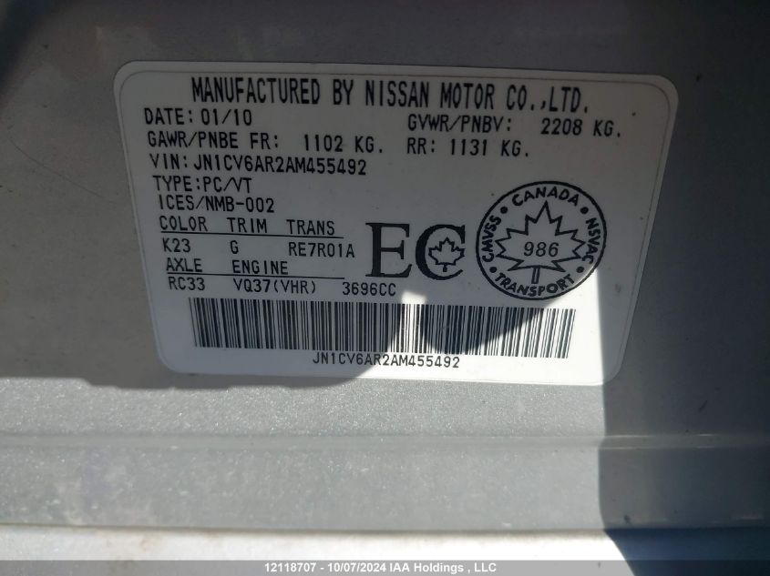 2010 Infiniti G37X VIN: JN1CV6AR2AM455492 Lot: 12118707