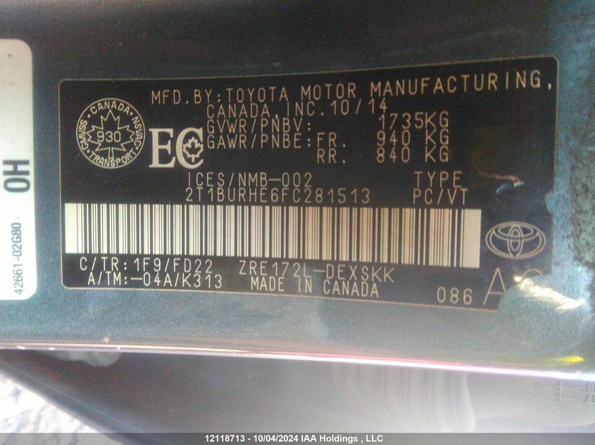 2015 Toyota Corolla S VIN: 2T1BURHE6FC281513 Lot: 12118713