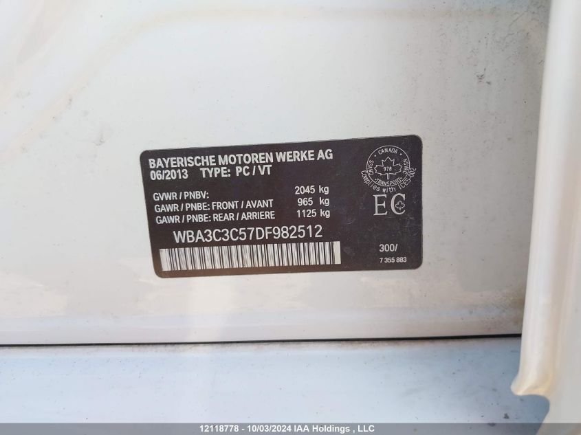 2013 BMW 3 Series VIN: WBA3C3C57DF982512 Lot: 12118778