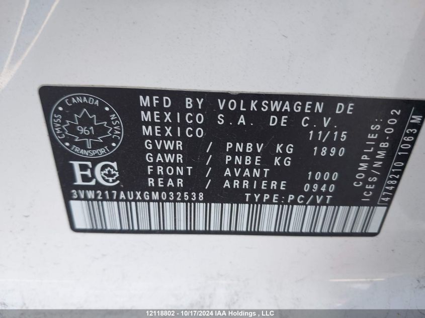 2016 Volkswagen Golf VIN: 3VW217AUXGM032538 Lot: 12118802