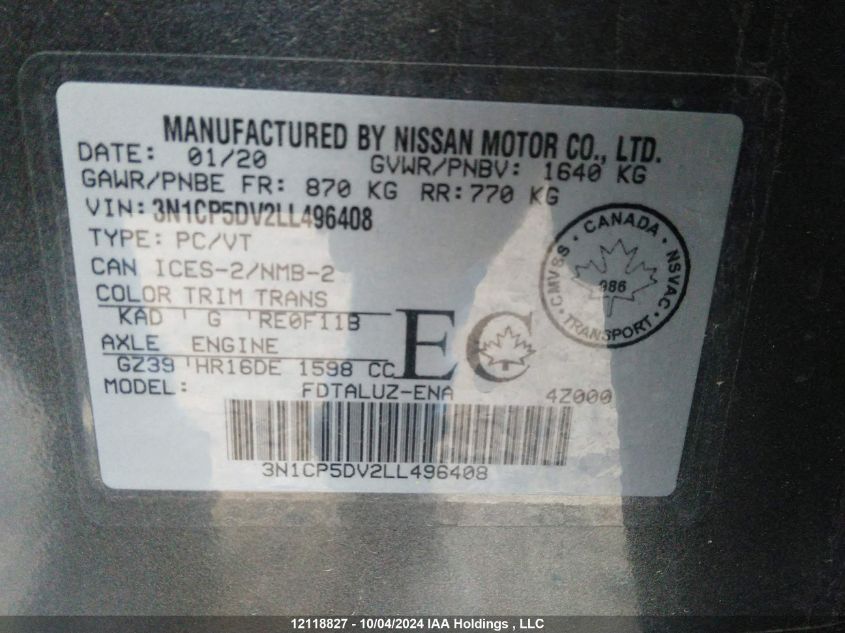 3N1CP5DV2LL496408 2020 Nissan Kicks