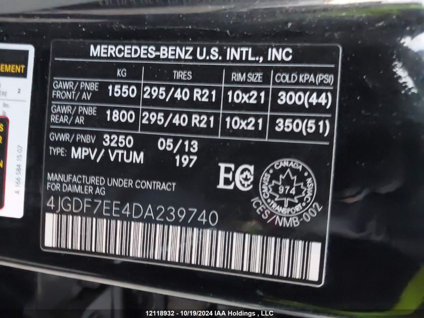 2013 Mercedes-Benz Gl 63 Amg VIN: 4JGDF7EE4DA239740 Lot: 12118932