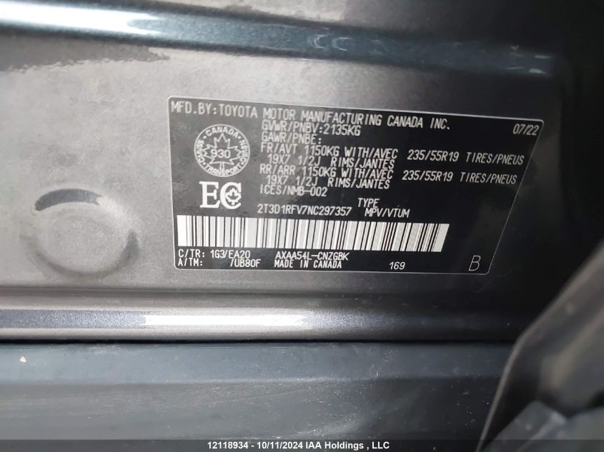 2022 Toyota Rav4 Limited VIN: 2T3D1RFV7NC297357 Lot: 12118934