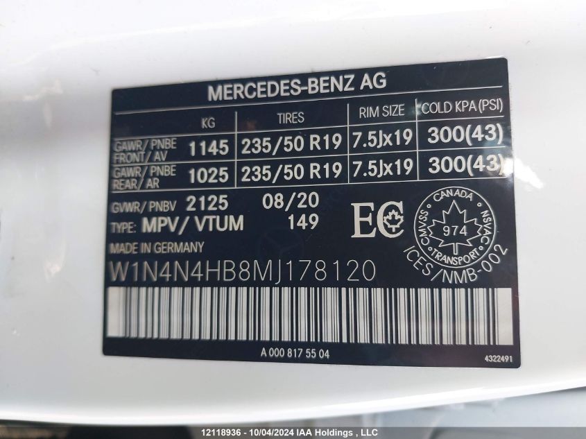 2021 Mercedes-Benz Gla VIN: W1N4N4HB8MJ178120 Lot: 12118936