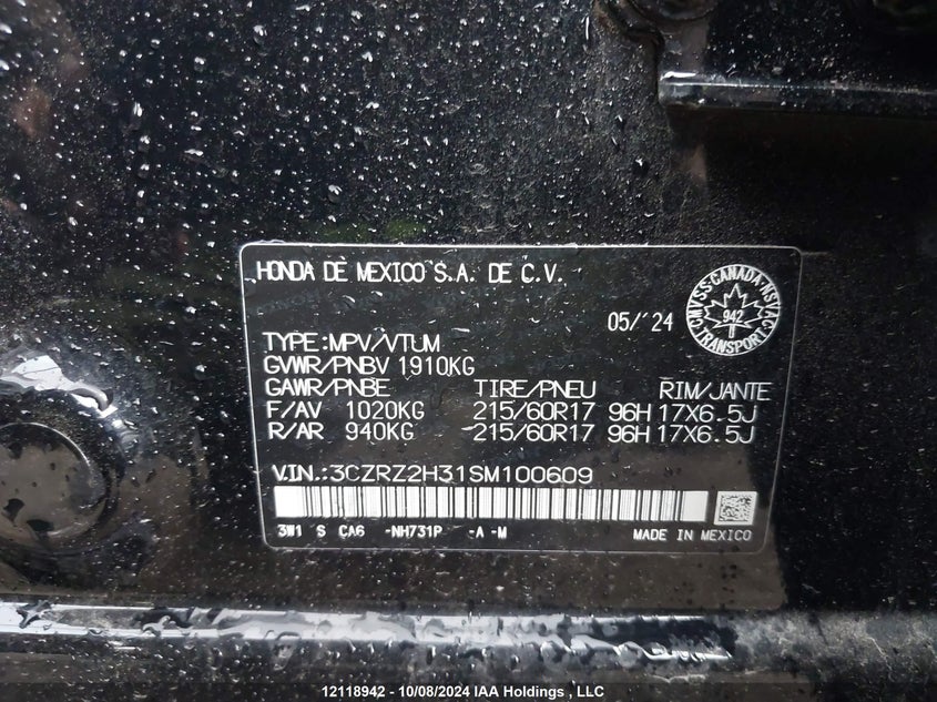2025 Honda Hr-V VIN: 3CZRZ2H31SM100609 Lot: 12118942