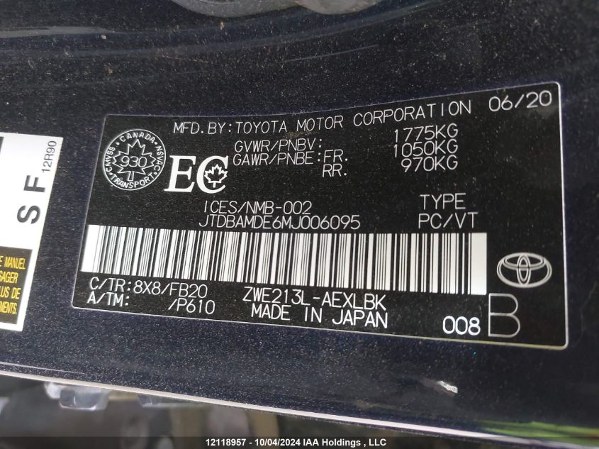 2021 Toyota Corolla VIN: JTDBAMDE6MJ006095 Lot: 12118957