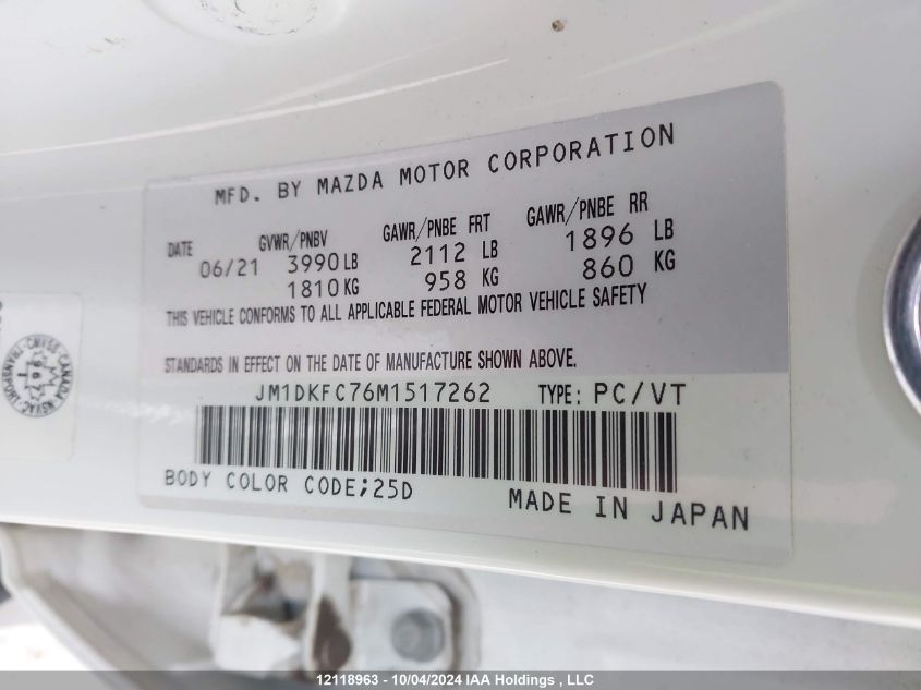 2021 Mazda Cx-3 VIN: JM1DKFC76M1517262 Lot: 12118963