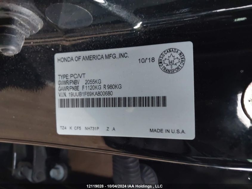 2019 Acura Tlx VIN: 19UUB1F69KA800680 Lot: 12119028