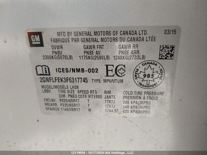 2015 Chevrolet Equinox VIN: 2GNFLFEK3F6317745 Lot: 12119054