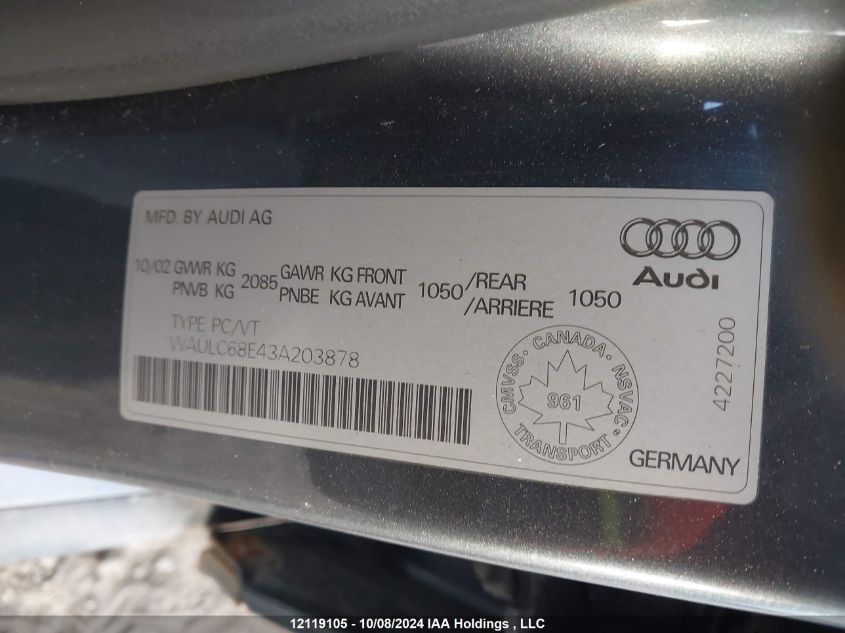 2003 Audi A4 VIN: WAULC68E43A203878 Lot: 12119105