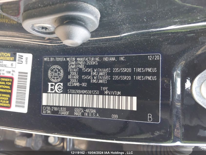 5TDDZRBH6MS081250 2021 Toyota Highlander Limited/Platinum