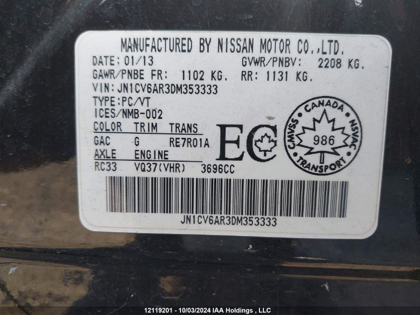 2013 Infiniti G37 VIN: JN1CV6AR3DM353333 Lot: 12119201