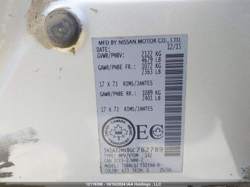 2016 Nissan Rogue VIN: 5N1AT2MV8GC782789 Lot: 12119390