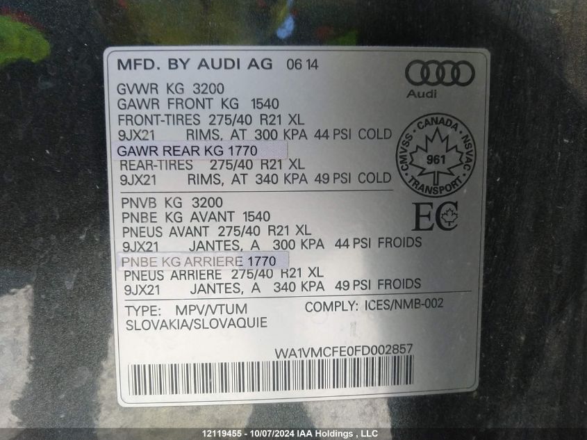 WA1VMCFE0FD002857 2015 Audi Q7