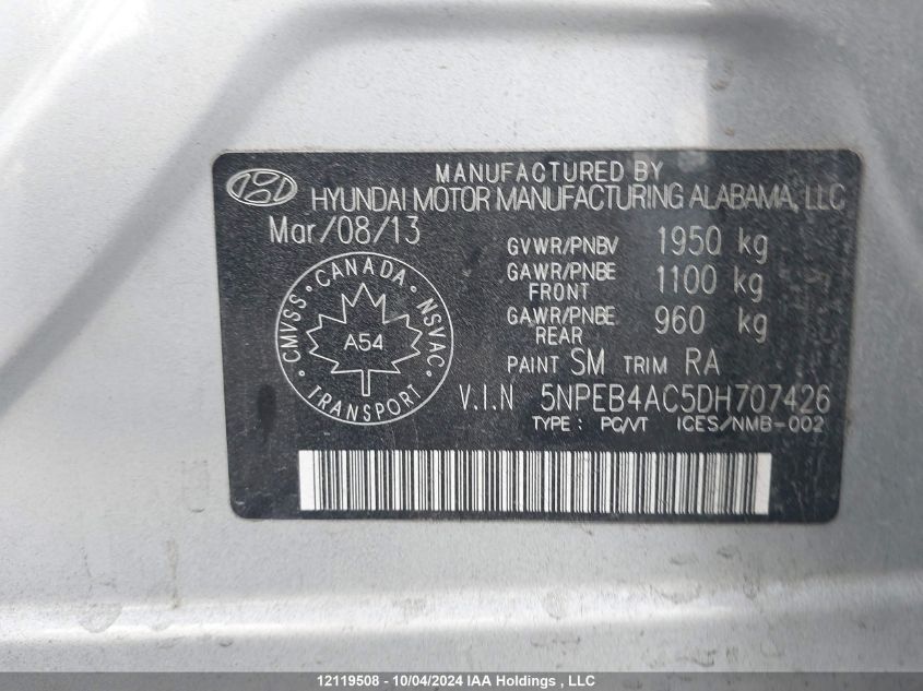 2013 Hyundai Sonata Gl VIN: 5NPEB4AC5DH707426 Lot: 12119508