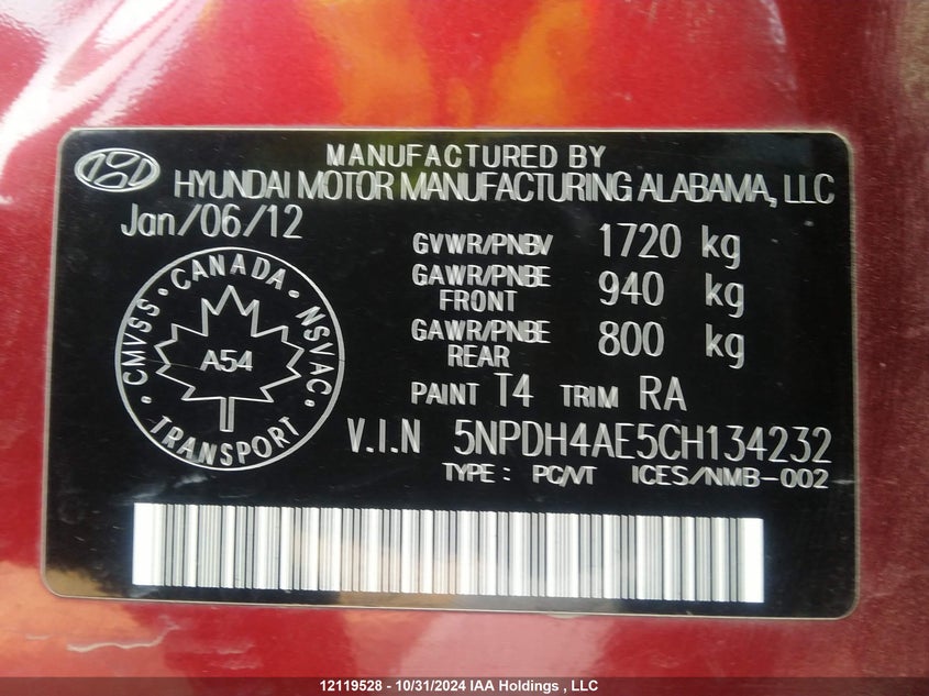 2012 Hyundai Elantra Gl VIN: 5NPDH4AE5CH134232 Lot: 12119528
