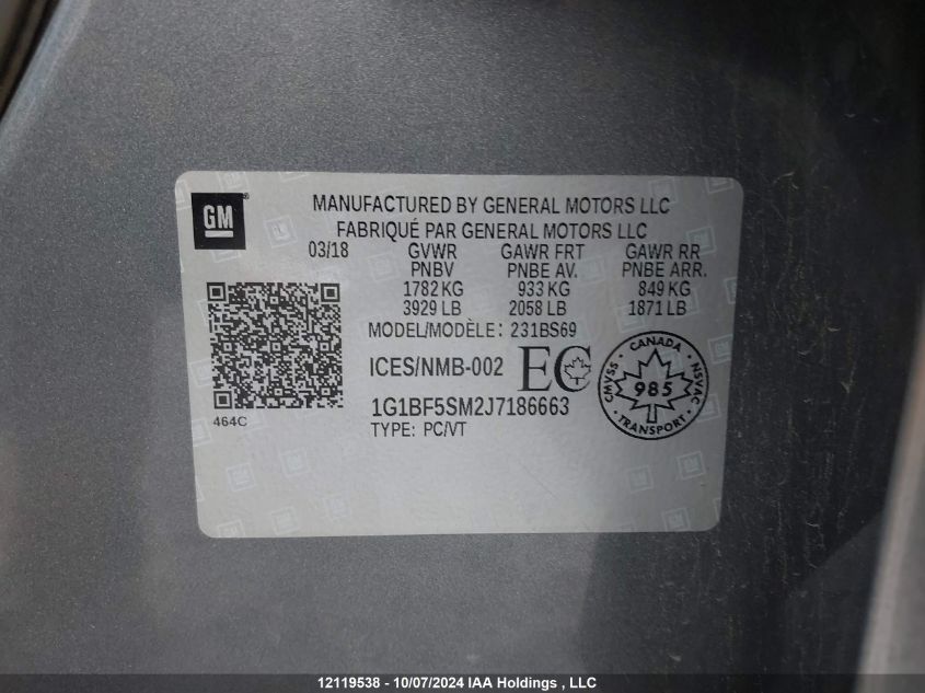 2018 Chevrolet Cruze VIN: 1G1BF5SM2J7186663 Lot: 12119538