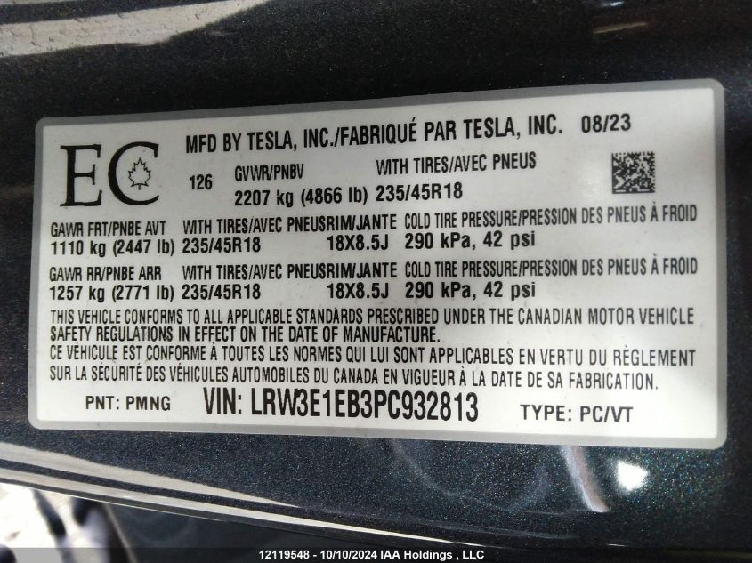 2023 Tesla Model 3 VIN: LRW3E1EB3PC932813 Lot: 12119548