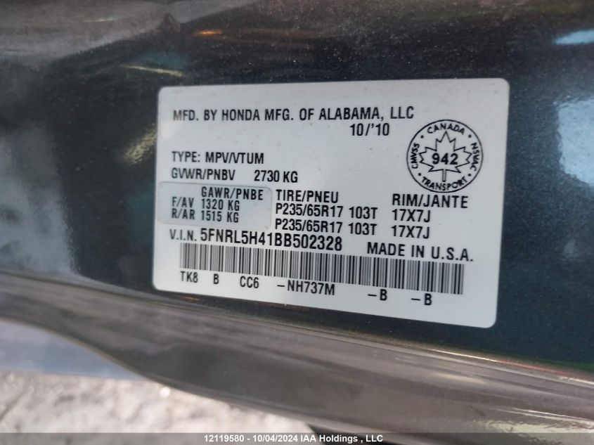 5FNRL5H41BB502328 2011 Honda Odyssey