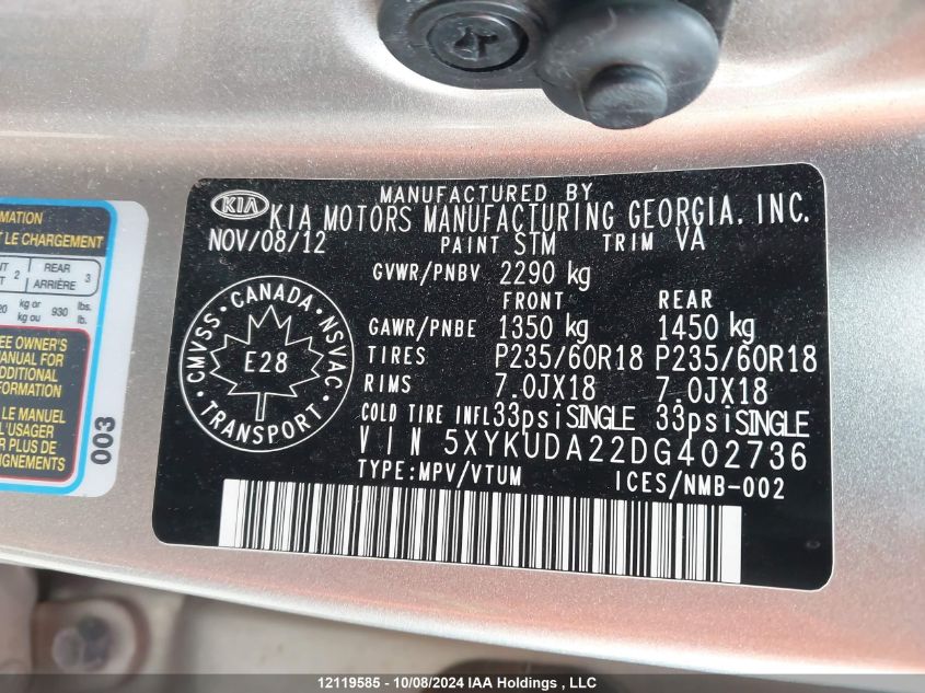 2013 Kia Sorento VIN: 5XYKUDA22DG402736 Lot: 12119585