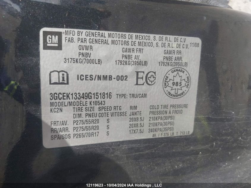 2009 Chevrolet Silverado 1500 VIN: 3GCEK13349G151816 Lot: 12119623