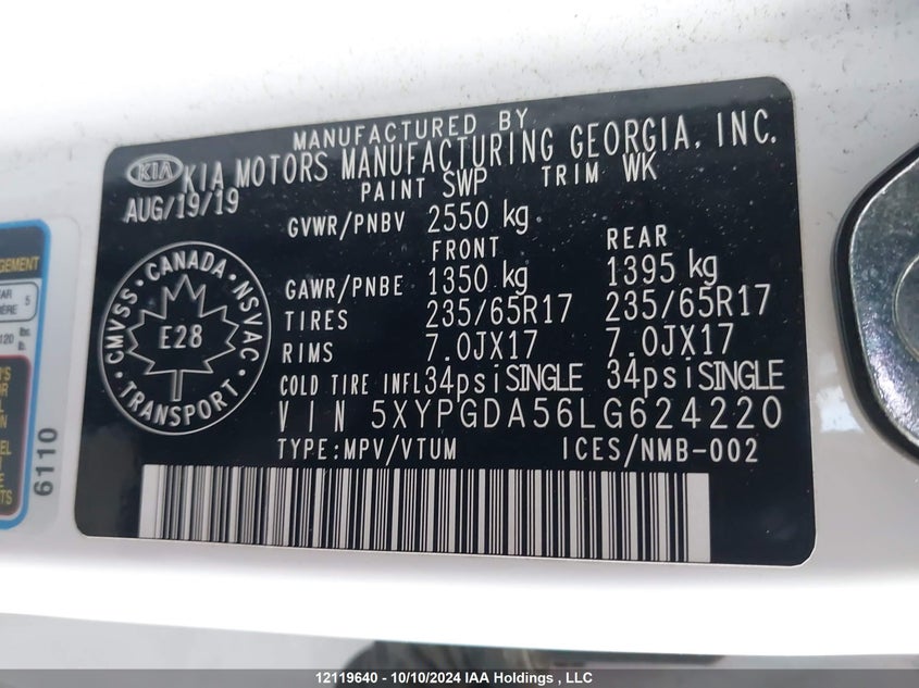 2020 Kia Sorento S VIN: 5XYPGDA56LG624220 Lot: 12119640