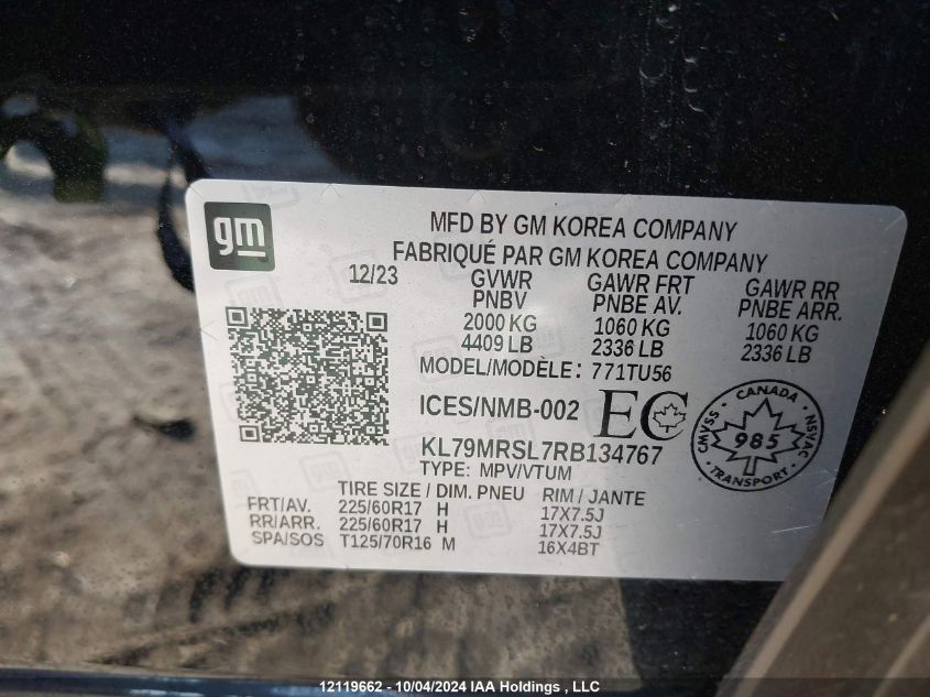 2024 Chevrolet Trailblazer VIN: KL79MRSL7RB134767 Lot: 12119662