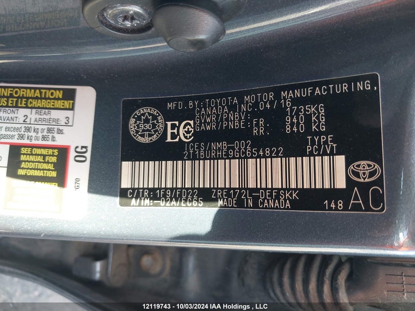 2016 Toyota Corolla S VIN: 2T1BURHE9GC654822 Lot: 12119743