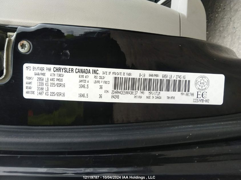 2010 Dodge Grand Caravan Se VIN: 2D4RN4DE5AR430137 Lot: 12119787