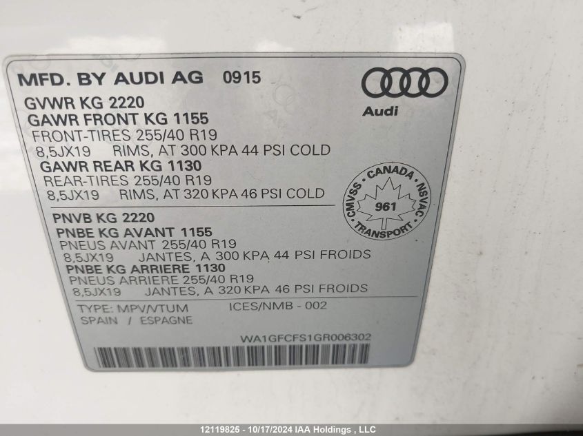 2016 Audi Q3 VIN: WA1GFCFS1GR006302 Lot: 12119825