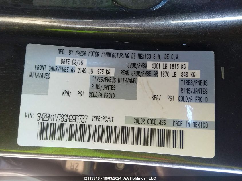 2016 Mazda 3 Touring VIN: 3MZBM1V78GM296737 Lot: 12119916