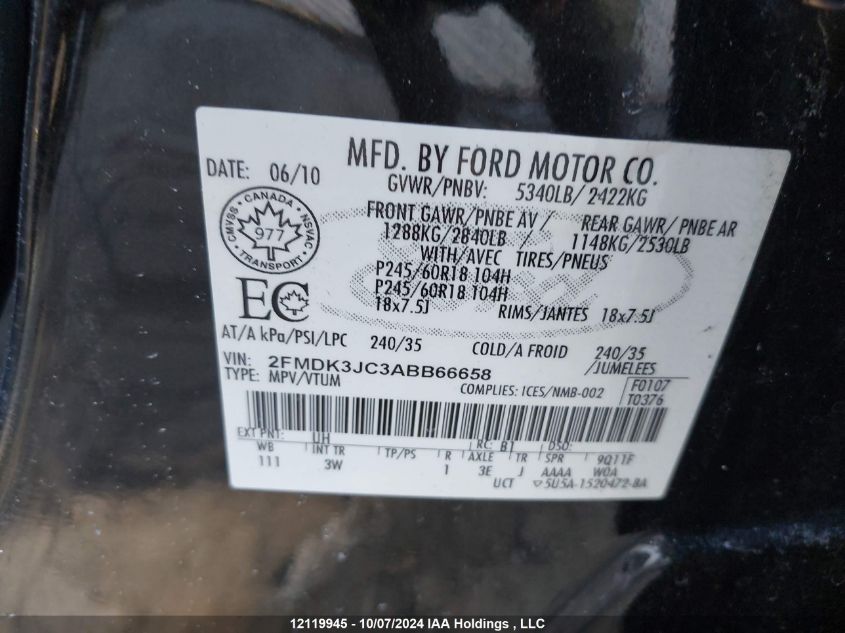 2010 Ford Edge Sel VIN: 2FMDK3JC3ABB66658 Lot: 12119945