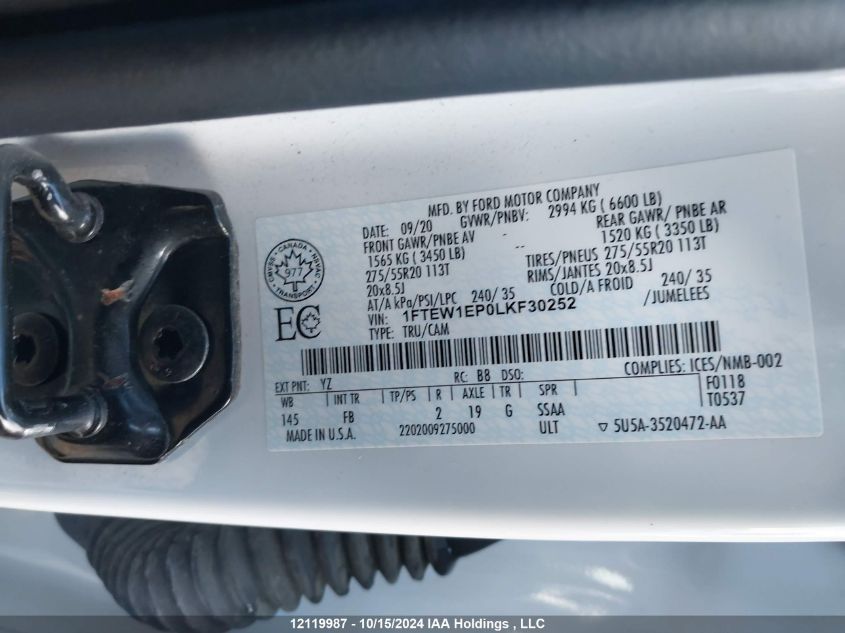 2020 Ford F150 Supercrew VIN: 1FTEW1EP0LKF30252 Lot: 12119987