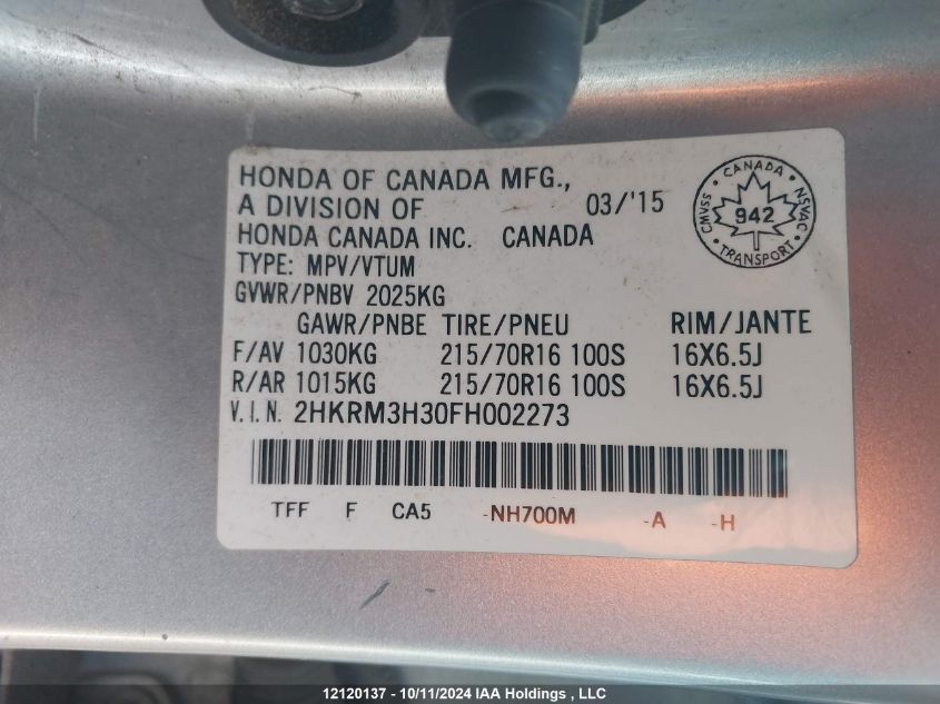2015 Honda Cr-V VIN: 2HKRM3H30FH002273 Lot: 12120137