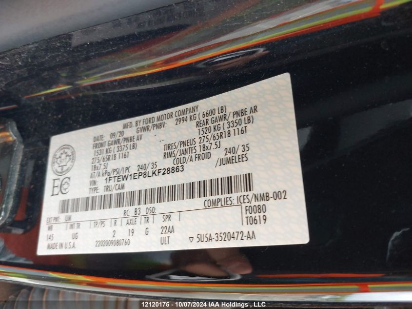 2020 Ford F150 Supercrew VIN: 1FTEW1EP8LKF28863 Lot: 12120175